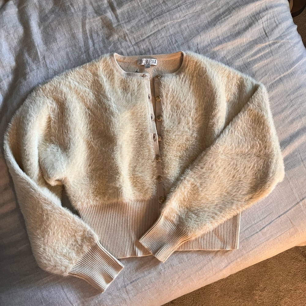 J. Crew Cream Fuzzy Cardigan Sweater